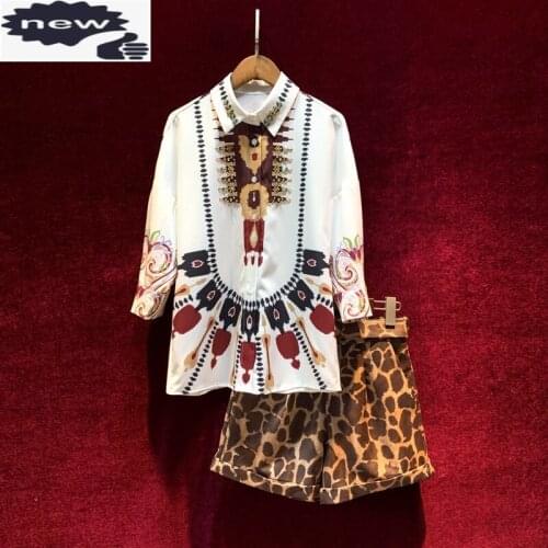 2021 Summer New Women Crystal Beads Blouse Top Leopard Shorts Two Piece Set Vintage Printed Shirts Ladies Outfits Matching Sets