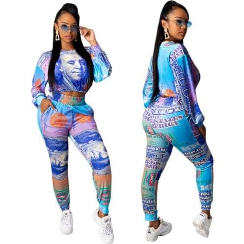 Ladies Suit Blue Long-Sleeved T-shirt+Casual Trousers Two-Piece Printed Slim Top Sexy Tights 2021 Autumn African Womens Clothing