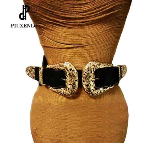 Retro Ladies Belt Metal Double Pin Buckle Womens Leather Belts For Women Elastic Designer Sexy Gold Hollow Out Wide Waist Belts