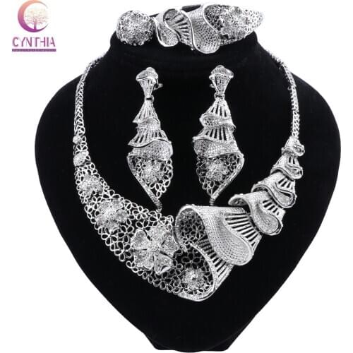 CYNTHIA African Nigerian Wedding Bridal Jewelry Sets Dubai Silver Plated Crystal Necklace Bracelet Earrings Ring Set for Women