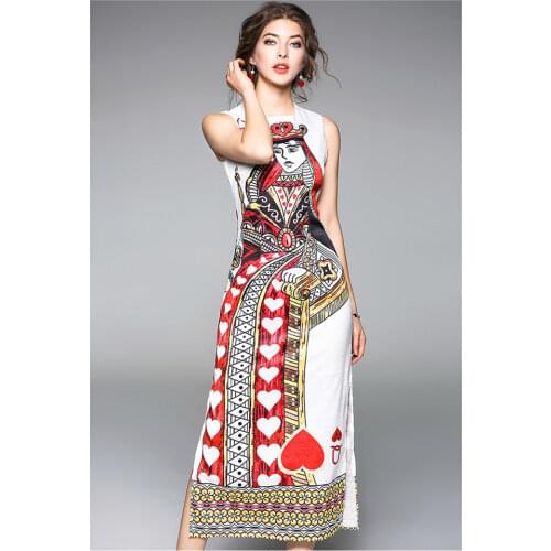 Runway Designer 2020 Summer Sleeveless Vest Dress High Street Poker Queen Printed Maxi Dress Women Vintage Sexy Split Long Dress