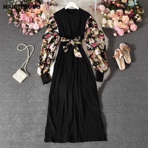Autumn Winter Knitted Dress Women Long Floral Sleeve Party Dresses 2021 Vintage Split Belted Long Office Dress Vestidos Robe