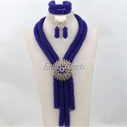 2016 Graceful Dubai Wedding African Beads Royal Blue Crystal Necklace Nigerian Party Beads Wedding Gift Free Shipping AIJ609