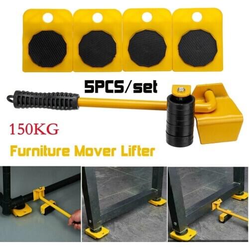 5Pcs Furniture Lifter Sliders Tool Kit Transport Heavy Stuffs Shifter Moving Roller Hand Set Wheel Bar Mover Device Max Up 150KG