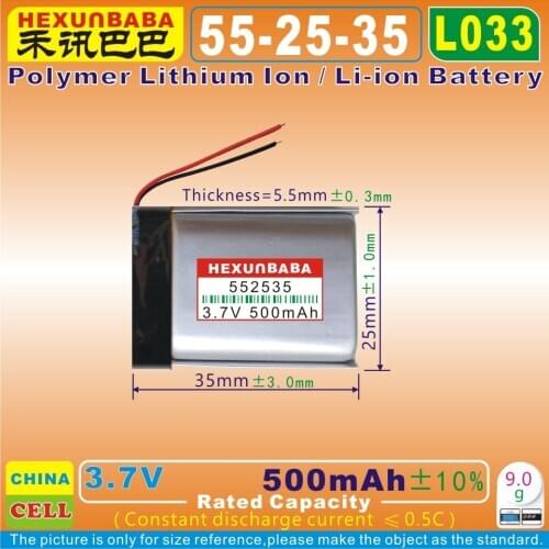 5pcs [L033] 3.7V 500mAh [552535] PLIB (polymer lithium ion / Li-ion battery) for Mp3,earphone,smart watch,GPS,Mp4