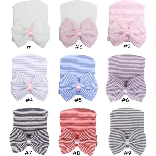 9 PCS/LOT, 0-3 Months Newborn Baby Big Bow Striped Knit Hat, Infant Warm Hat For Autumn And Winter Births Cap