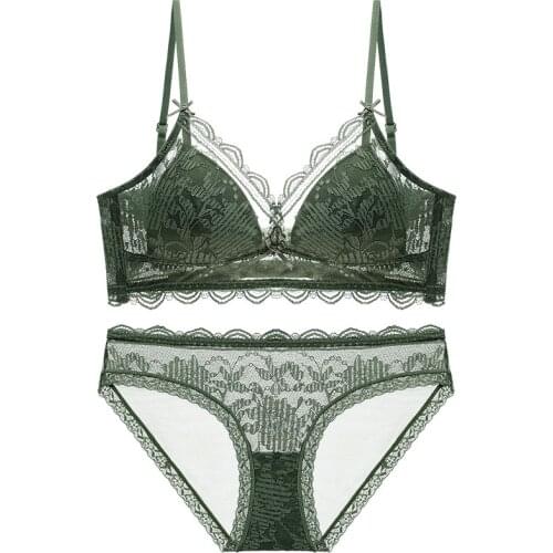 2021 French Triangle Thin Cup Bra without Steel Ring Sexy Lace U-shaped Large Open Back Panty Set Underwear Women Lingerie