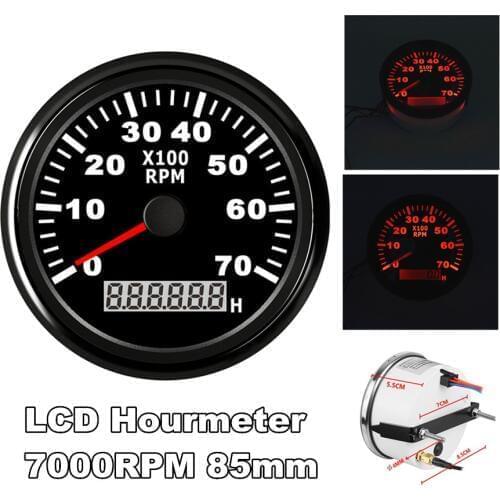 85mm LCD Digital Tachometer for Outboard Motor Boat Auto Tach Electric Motor 7000 RPM with Hour meter Red Backlight