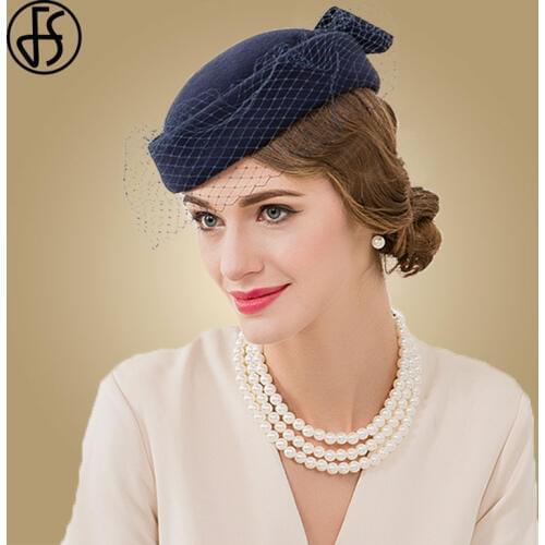 FS Vintage Royal Blue Wool Felt Pillbox Hat Fascinator For Elegant Women Wedding Beret Hat Veil Fedora Ladies Church Caps
