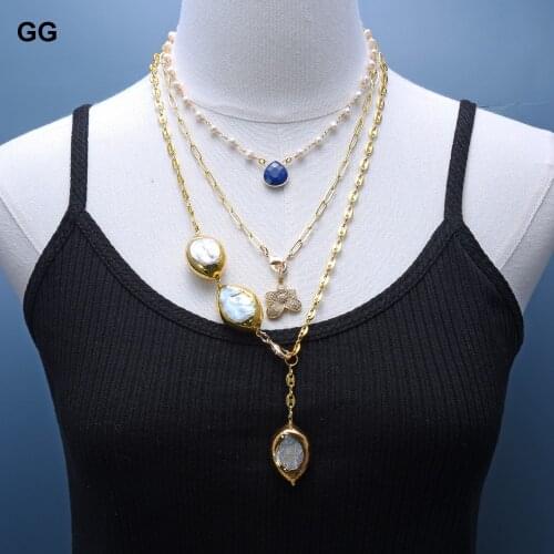GG Jewelry Natural Cultured Gold Plated White Keshi Pearl Blue Lapis CZ Flower Charm Chain Statement Necklace 17" -26" For Women