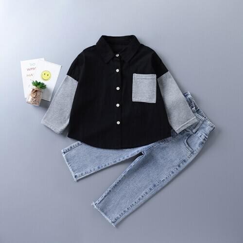 2-7 years high quality girl clothing set 2021 new autumn fashion black white plaid shirt + denim pant kid children clothing