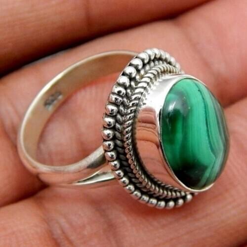 Fashion Jewelry Green Nature Malachite Stone Silver Plated Ring For Women Men Fashion Jewelry