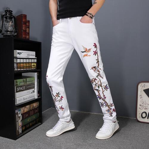 Embroidery Jeans Men 2020 Spring White Floral Bird Embroidery Trousers Korean Style Personality Slim Fit Pencil Denim Long Pants