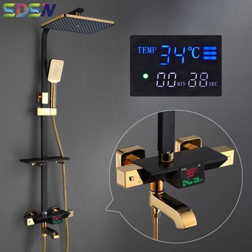 Themostatic Shower Set SDSN Black Gold Bathroom Shower Suit Brass Shower Faucet Rainfall Spa Shower Head Digital Shower Set