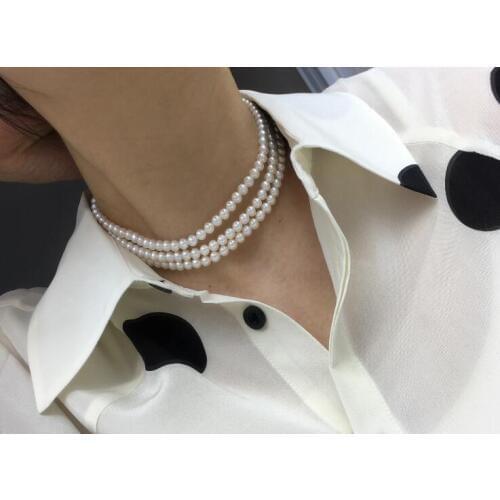 3 strands 6mm bright white real Pearl Handmade necklace natural Freshwater PEARL Women Jewelry 17'' 43cm 35cm