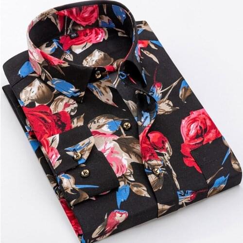 New Fashion Mens Printed Floral Long Sleeve Shirt Soft Thin Spring Summer Standard Fit Holiday Casual Shirt