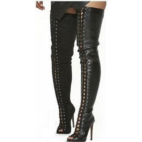 Newest Suede lace up thigh high boots sexy open toe cut-outs strappy gladiator sandal boots summer over the knee boots black