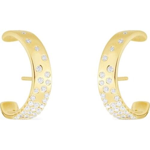 SOELLE Fashion Real 925 Sterling Silver Yellow Gold Color Curved Circle Stud Earrings Women High Quality Zirconia Fine Jewelry