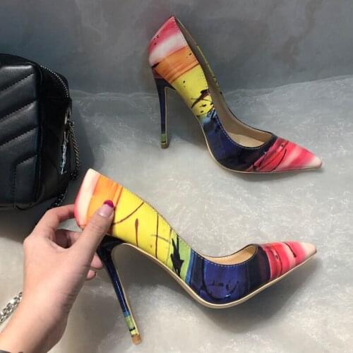 Free shipping fashion women Designer Brand New multi color printed point toe high heels pumps shoes Stiletto 33-43cm 12cm 10cm 8