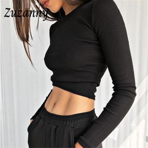Irene Long Sleeve Shirts Women Solid Fitness Cropped Sexy Y2K Tops 2021 O Neck Rib Black White Brown Rib Basic Womens T-Shirt