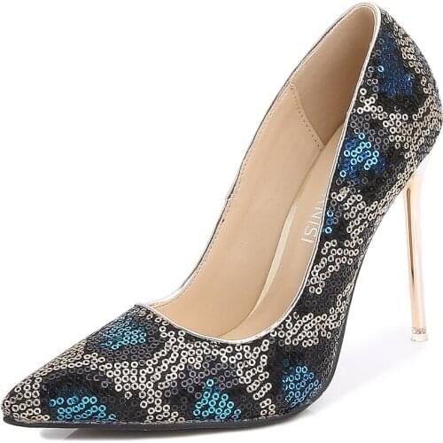 Plus:35-45 46 Women shoes Sexy Party Stiletto Glitter shoes woman 11cm thin heels Pumps Pointed Toe zapatos mujer ladies shoes