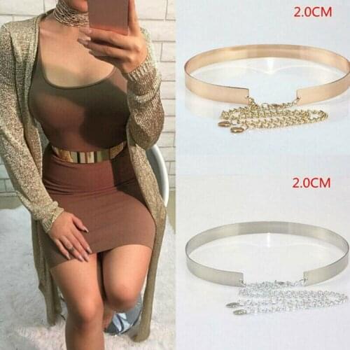 Womens Fashion Gold Belt High Waist Metal Mirror Metallic Plate Wide Band Chains