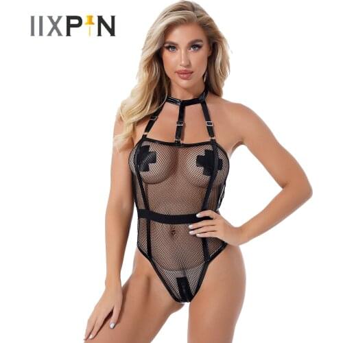 Womens See-through Fishnet Bodysuit Halter Neck Hollow Out Backless Leotard Zipper Back Elastic Waist Catsuit Nightclub Costumes