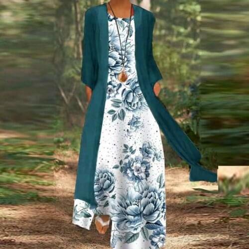 Elegant Womens Sets Vintage Loose Cardigan Robe And Maxi Dress Suits Ladies Vintage Floral Print Outfits Casual 2021 Streetwear