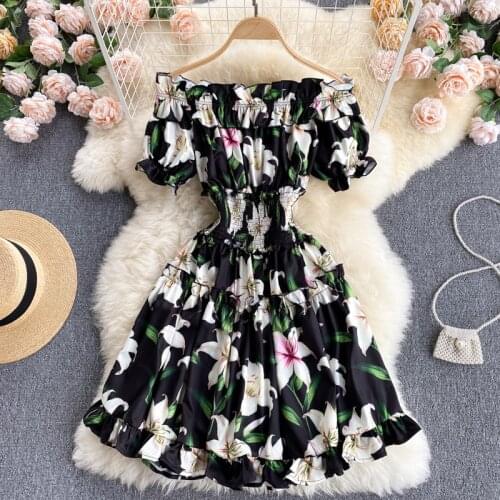 2021 New Summer Sexy Club Off Shoulder Vestidos Puff Sleeve Womens Fashion Print Holiday Mini Short Party Dresses