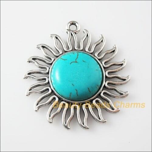 2Pc Retro Tibetan Silver Sun Flower Charms Pendants 42.5x46mm