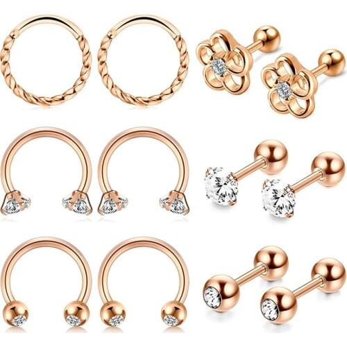 6 PCSTragus Studs Earrings Helix Piecing Cartilage Earring Stainless Steel 16G clicker Horseshoe Earrings for Women Girls