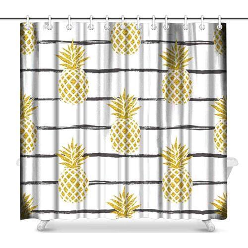 Aplysia Summer Gold Pineapple on Striped Picture Art Paintings Effect Print Bathroom Decor Shower Curtain with Hooks 72 Inches