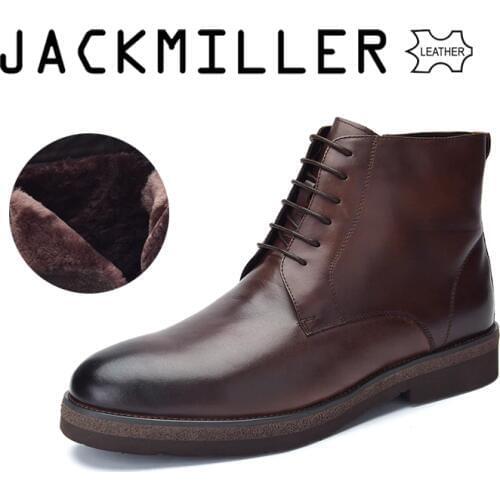 Jackmiller Winter Men Boots Cow Leather Boots Men Basic Brown Color Wool Lining Warm Lace-Up mens ankle boots Big Size 40-44
