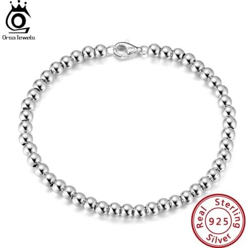 ORSA JEWELS 925 Sterling Silver 4mm Bead Ball Strand Chain Bracelet for Women Trendy Beads Bracelets Jewelry Wholesale SB103