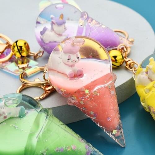 New Cute ice cream Keychain Cartoon Unicorn Animals Floating Moving Liquid Quicksand Keyring For Women Bag Pendant Keyfob