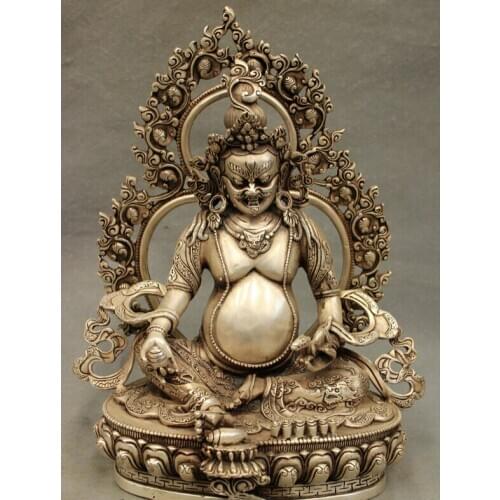Fast shipping USPS to USA S1753 12" Tibet Temple Buddhism Silver Dragon Yellow Jambhala Buddha Statue Brass Joss