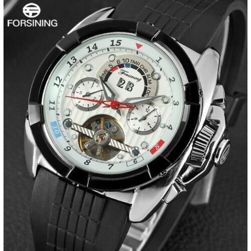 FORSINING Mens Watches Luxury Tourbillion Design Rubber Strap Complete Calendar Automatic Mechanical Men Watch