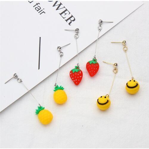 CRLEY Cute Fruit Crayon Drop Earrings Korean Fashion Small Acrylic Strawberry Pineapple Green Brown Wine Bottle Earring Jewelry