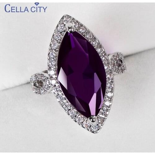 Cellacity Classic Silver 925 Rings With 10*20mm Big Amethyst Gemstone Horse Eye Zircon Lady Fine Jewelry Women Party Wholesale