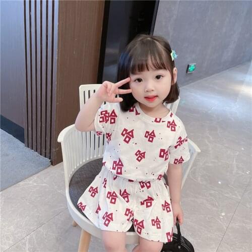 Summer Children Clothes Girl Short Sleeve T-shirts + Shorts 2 Pieces Sets Fashion Leisure Chinese Letter Printing
