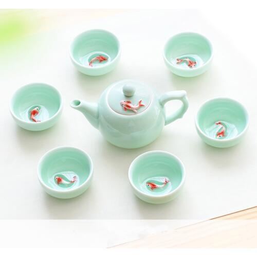 6pcs Kung Fu Tea Cup Set Celadon 3D Golden Fish China tea cups,Crackle Glaze Travel Tea Bowl Chinese Porcelain Teacup Set