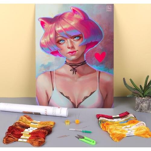 Cartoon Girl Woman Pre-Printed 11CT Cross-Stitch Embroidery Full Kit DMC Threads Hobby Handmade Sewing Handicraft Needle Magic