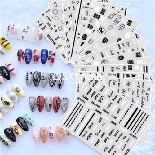 WHOLESALE 50pcs Nail Art Sticker Black White Letter Number Star Circle Geometry Adhesive Decals for Nail Art Decoration Manicure