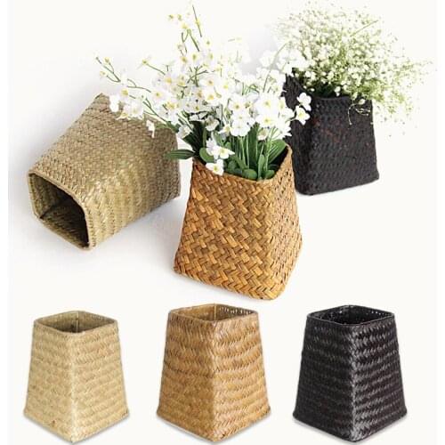 Natural Handmade Weave Flower Pot Home Foldable Table Seagrass Decor Flower Pot New Garden Living Room Straw Hanging Flowerpot