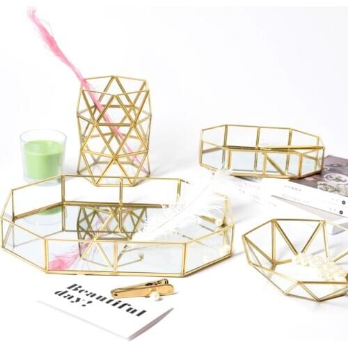 Nordic Home Golden Edge Vintage European Glass Mirror Tray Sundries Metal Storage Tray Fruit Plate Jewelry Display Plate