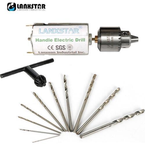 New Desige DC 12V Electric Hand Drill Motor PCB Press Compact Set with 10pcs 0.5-3mm Twist Bits 0.3-4mm JTO Keyless Chuck Drills