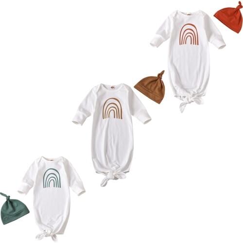 Autumn 0-6M Infant Baby Girls Boys Sleeping Bags Hats Rainbow Print Long Sleeve Cotton Blanket