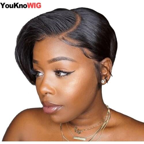 Short Pixie Lace Wigs Straight Brazilian Remy Human Hair 180% Density Wavy Machine Made T Lace Front Human Hair Wigs For Women