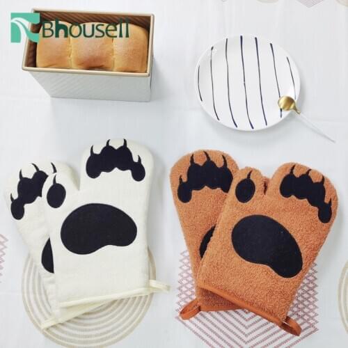Embroidered Bears Paw Gloves Canvas Heat Insulation Oven Long Mitts Microwave Anti-scalding Pure Cotton Baking Kitchen Gloves
