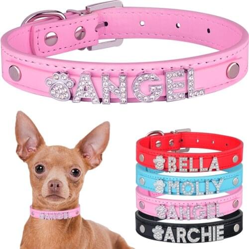 Crystal Word DIY Pet Dog Collars Charms Personalized Collar Leather Collar Puppy Cat Necklace Rhinestone Custom Cat Dog Name